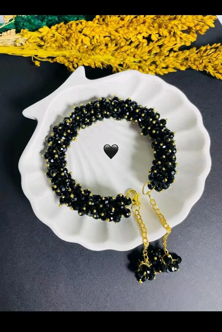 Black Crystal Gold Plated Gajra Bracelet for Women