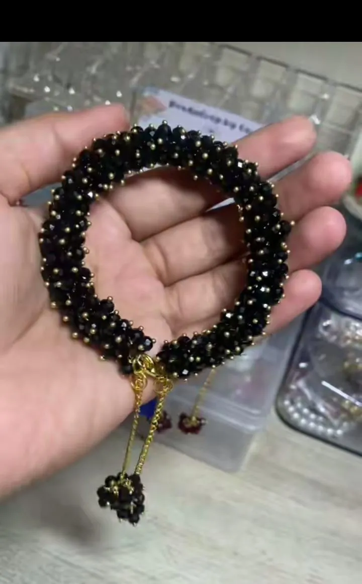 Black Crystal Gold Plated Gajra Bracelet for Women