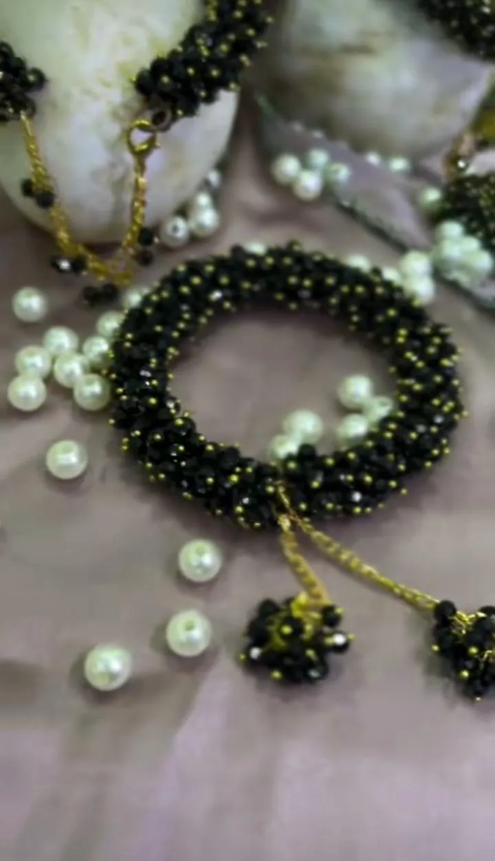 Black Crystal Gold Plated Gajra Bracelet for Women