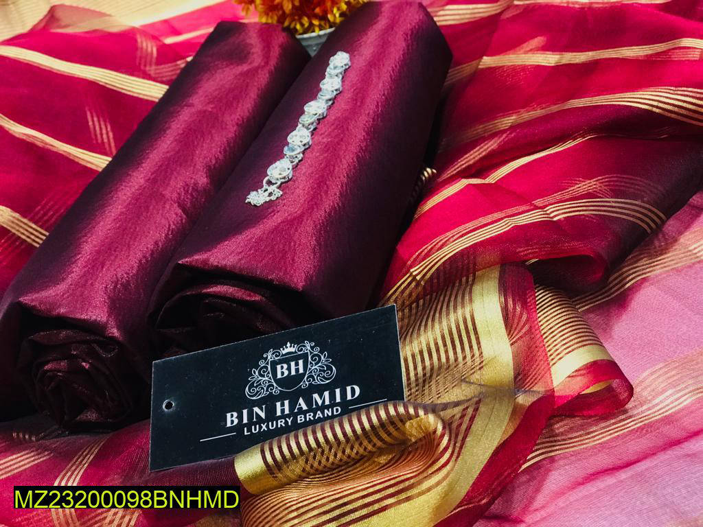 3 Pcs Women's Unstitched Katan Silk Plain Suit