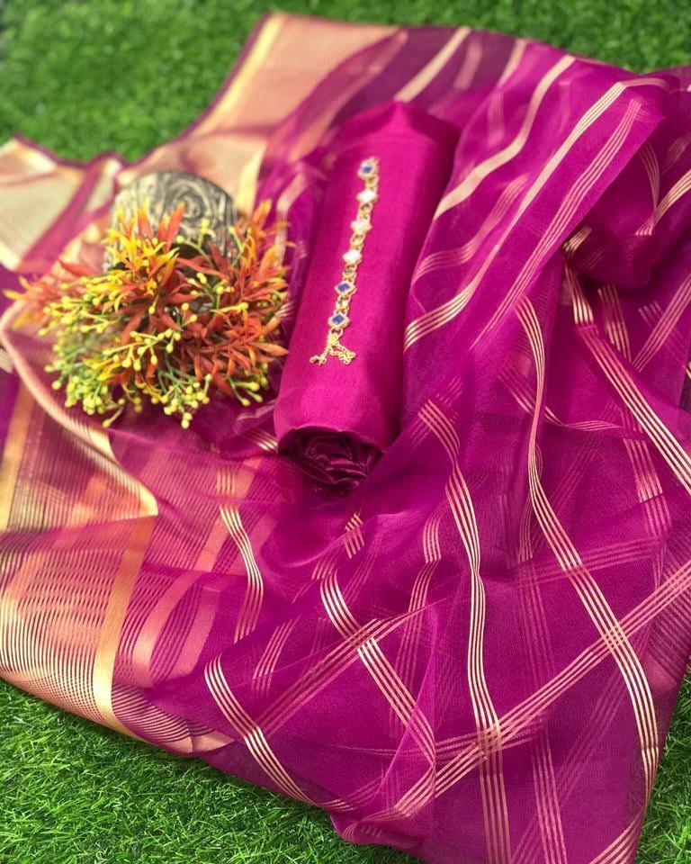 3 Pcs Women's Unstitched Katan Silk Plain Suit