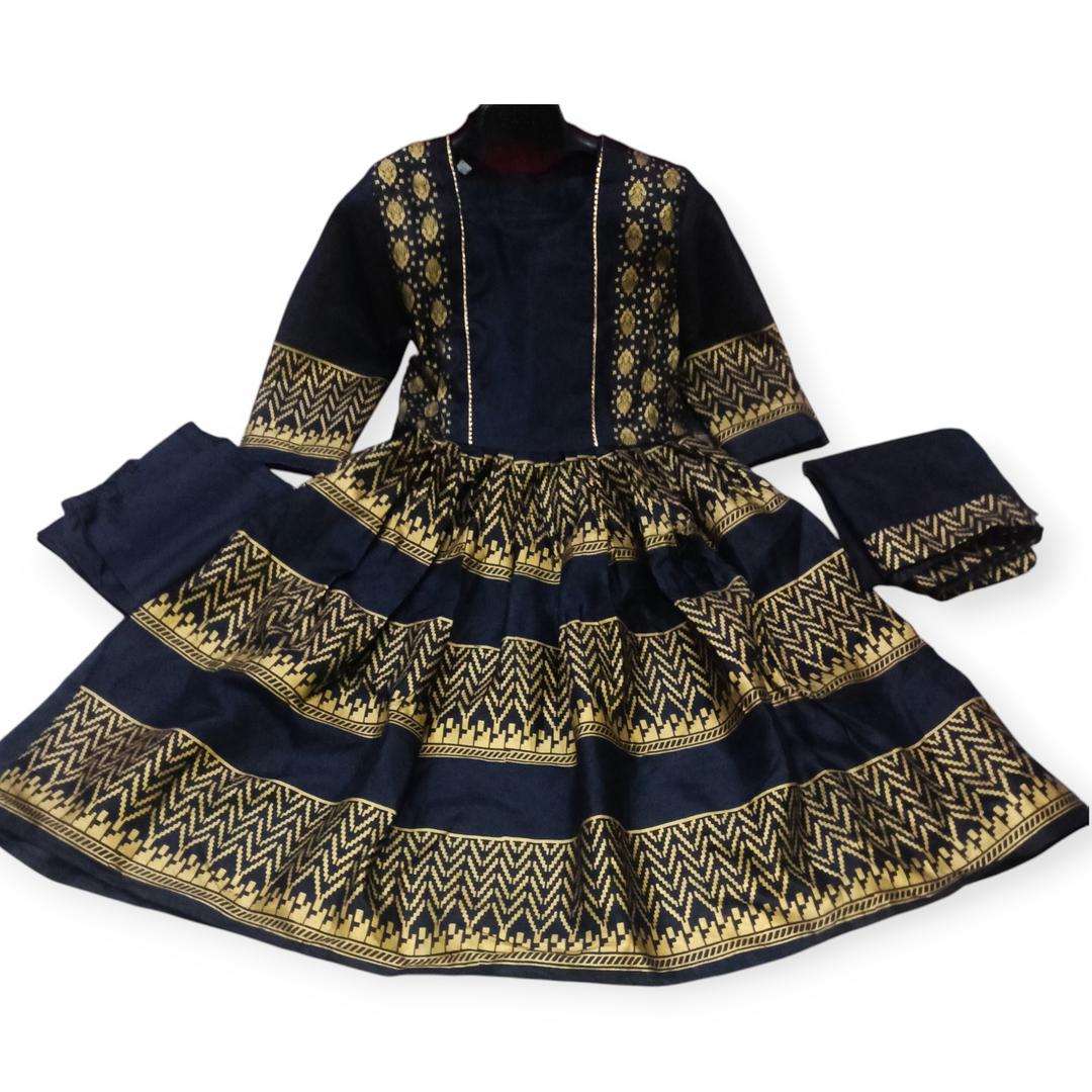 3 Pcs Women's Stitched Katan Silk 3-D Block Printed Frock