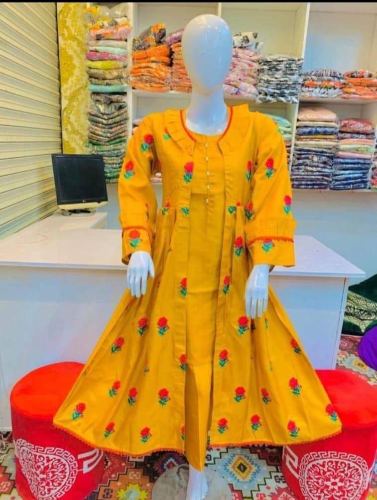 Women's Stitched 3 Pcs Gown Suit in Embroidered Katan Silk - Yellow