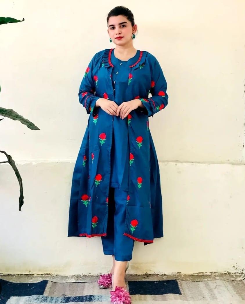 Stunning Embroidered Katan Silk Gown Suit - 3 Pcs Set for Women