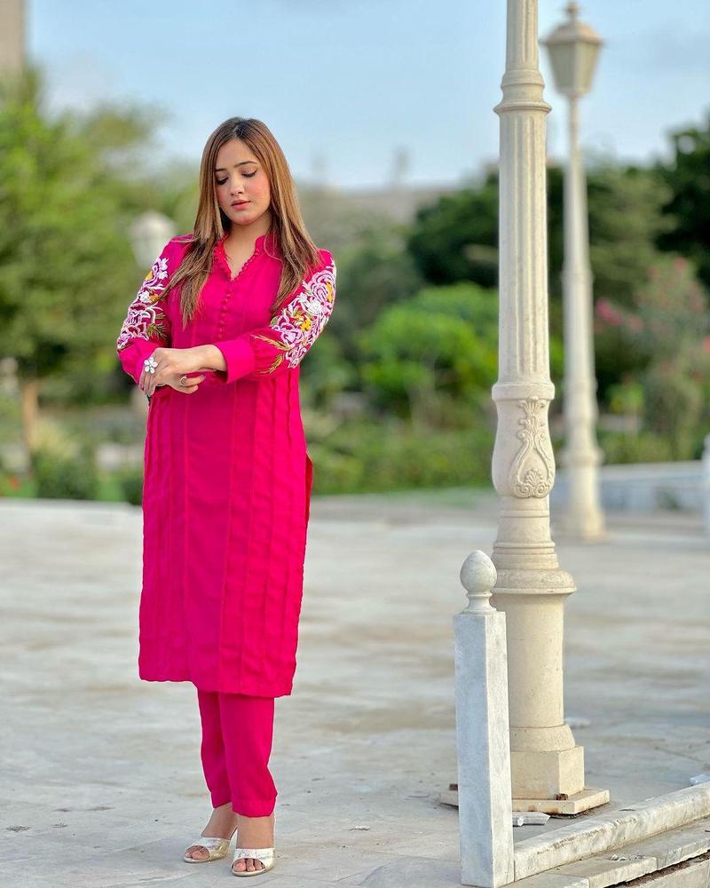 2 Pcs Women's Stitched Linen Embroidered Shirt And Trouser