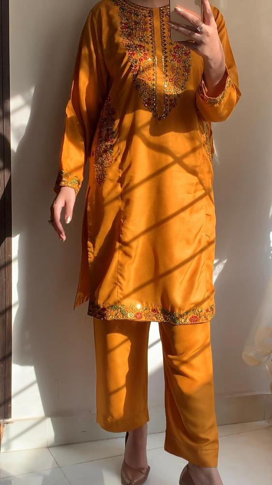 2 Pcs Women's Stitched Linen Embroidered Shirt And Trouser