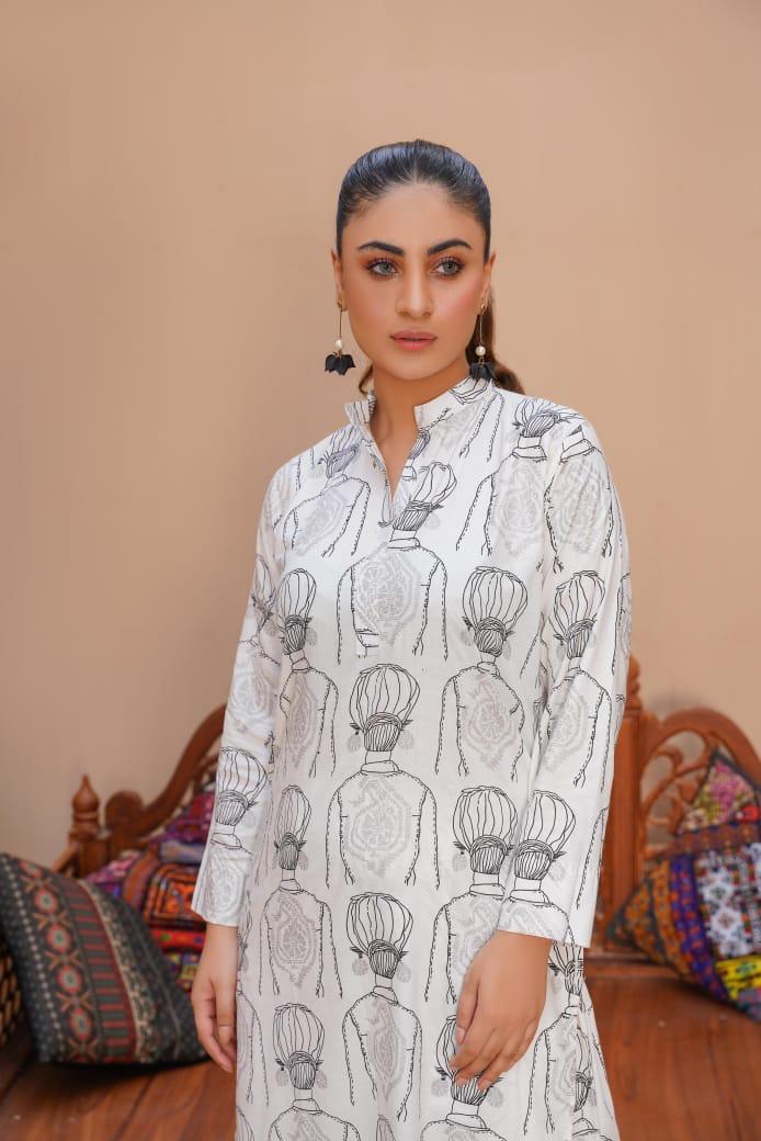 2 Pcs Women's Stitched Linen Printed Long Shirt And Trouser