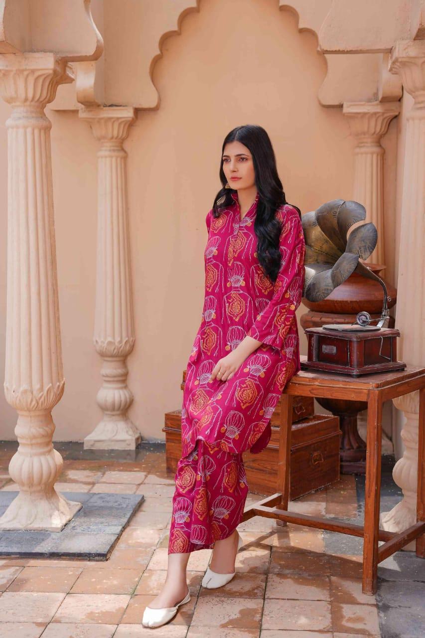 2 Pcs Women's Stitched Linen Printed Long Shirt And Trouser