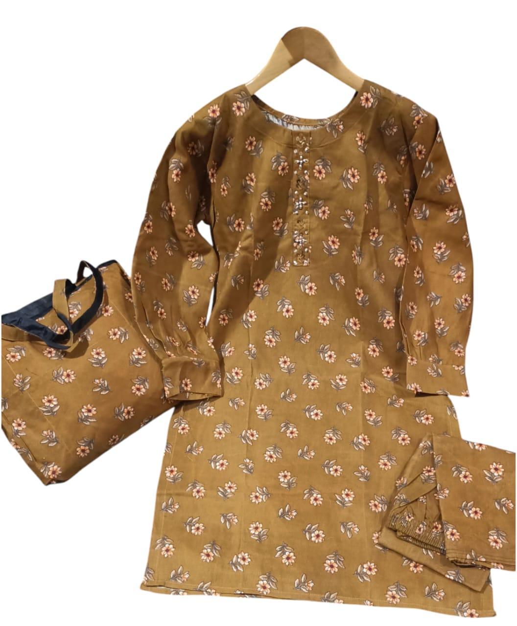 Stylish Printed Khaddar Shirt and Trouser Set - 2 Pcs Women's Stitched Ensemble