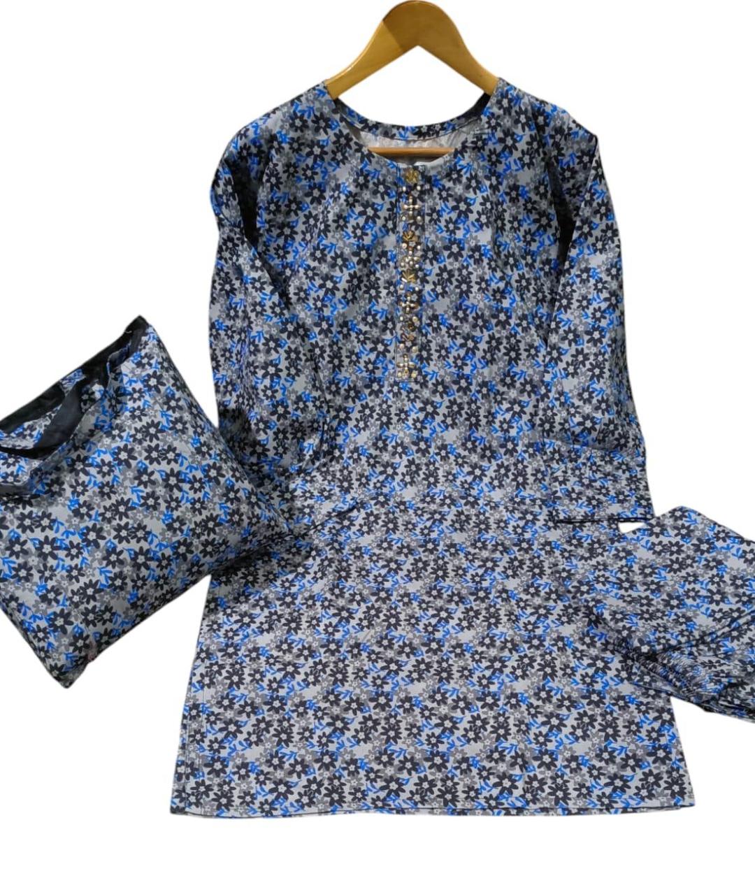 Stylish Blue Printed Women's Stitched Shirt and Trouser Set - 2 Pcs