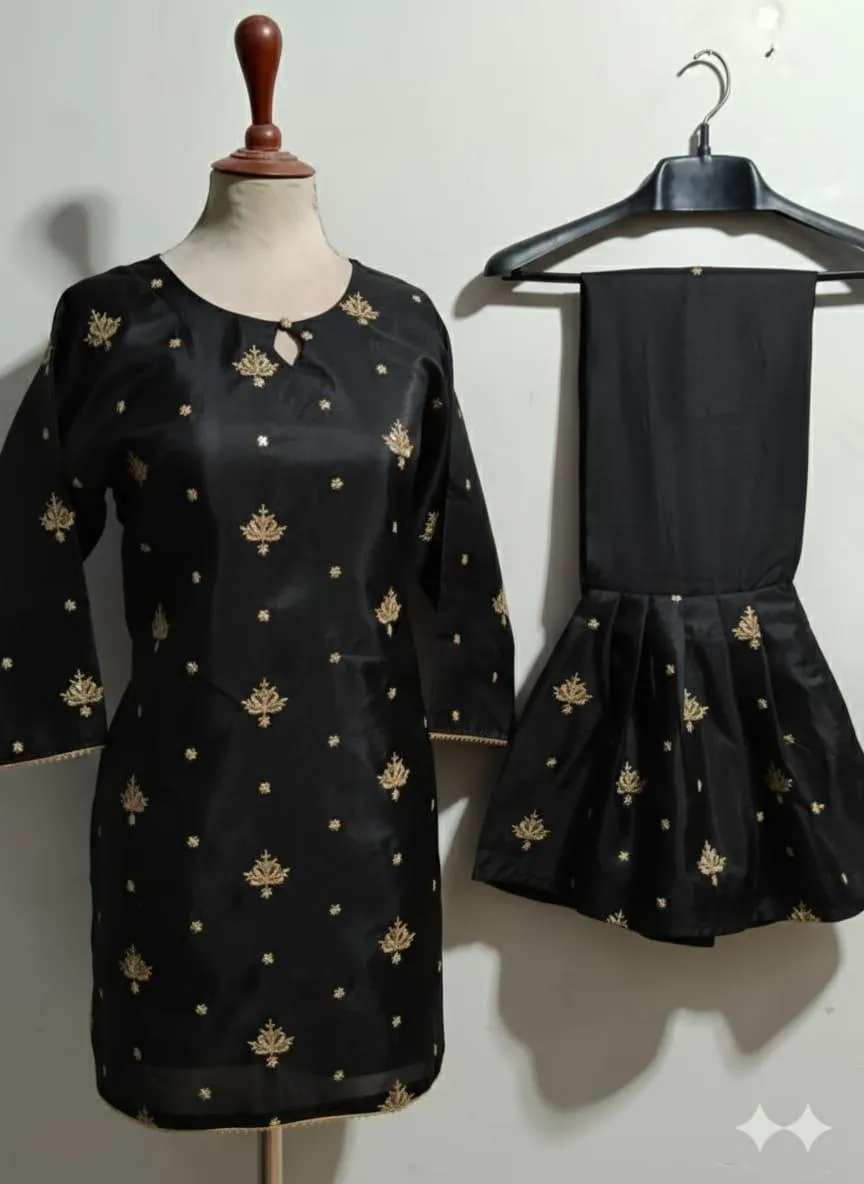 2 Pcs Women's Stitched Katan Silk Embroidered Shirt And sharara 2p