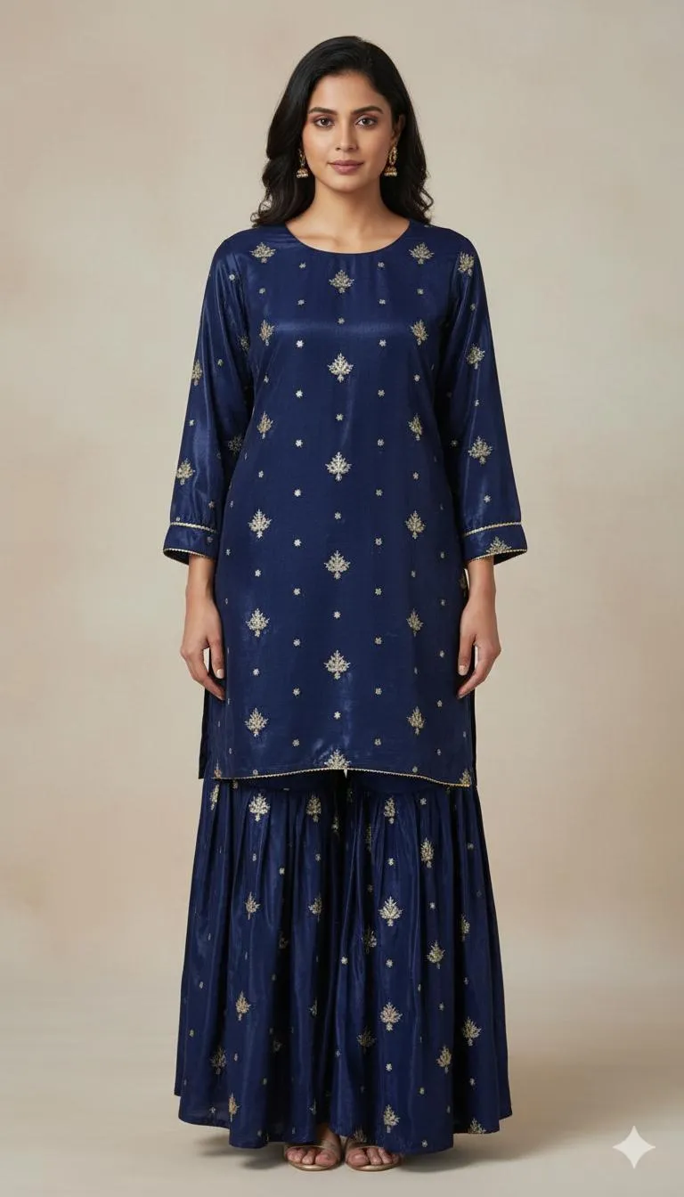 2 Pcs Women's Stitched Katan Silk Embroidered Shirt And sharara 2p