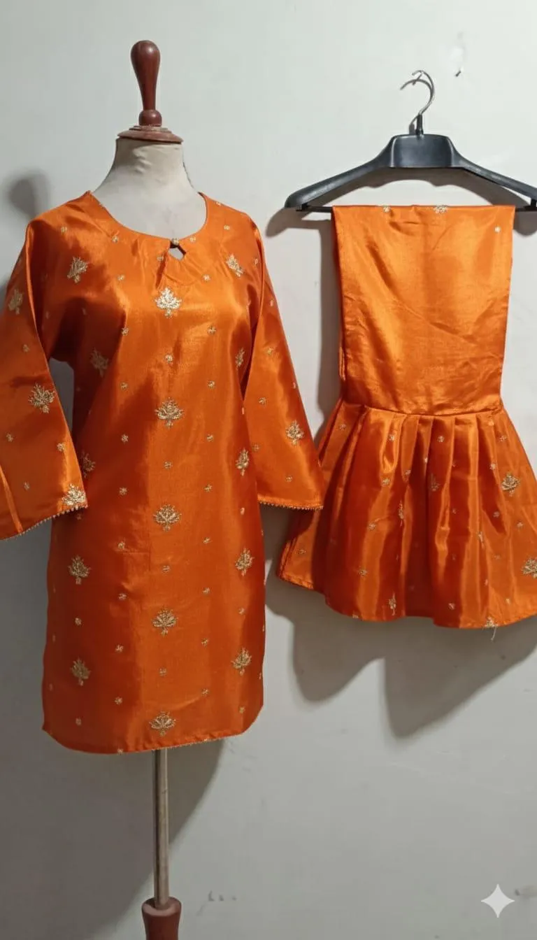 2 Pcs Women's Stitched Katan Silk Embroidered Shirt And sharara 2p