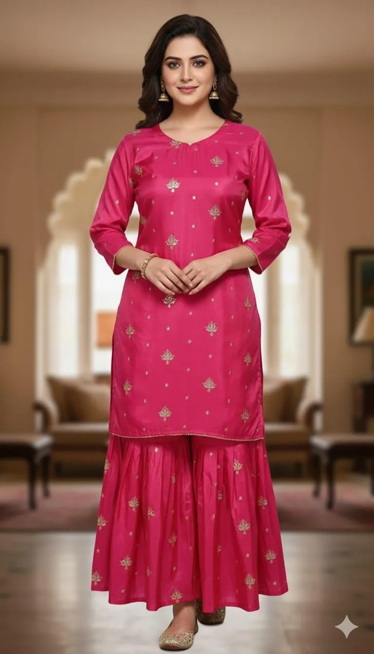 2 Pcs Women's Stitched Katan Silk Embroidered Shirt And sharara 2p