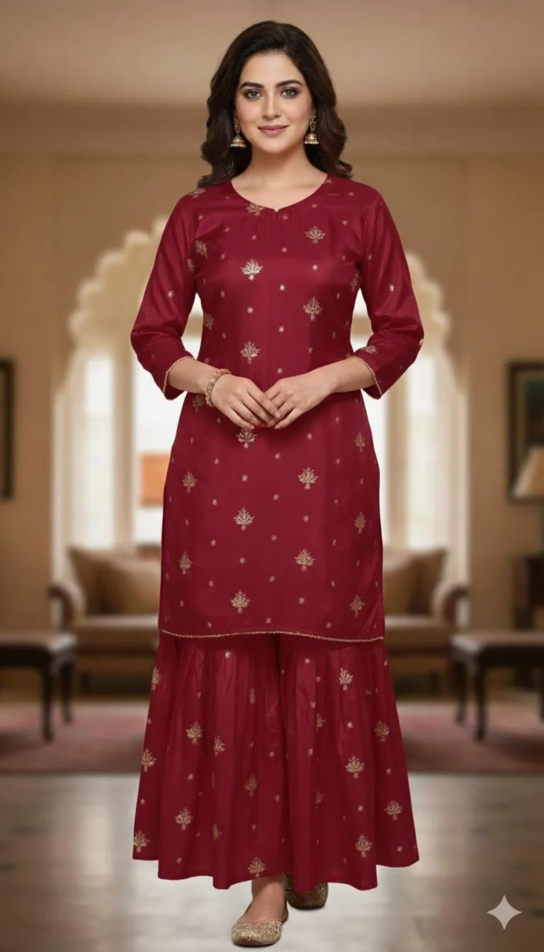 2 Pcs Women's Stitched Katan Silk Embroidered Shirt And sharara 2p