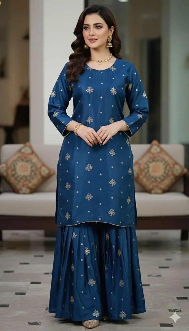 2 Pcs Women's Stitched Katan Silk Embroidered Shirt And sharara 2p