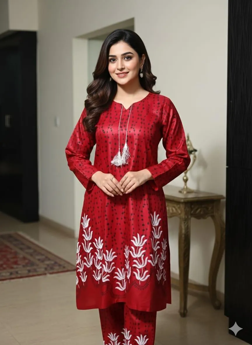 2 Pcs Women's Stitched Linen Printed Aline Frock And Trouser