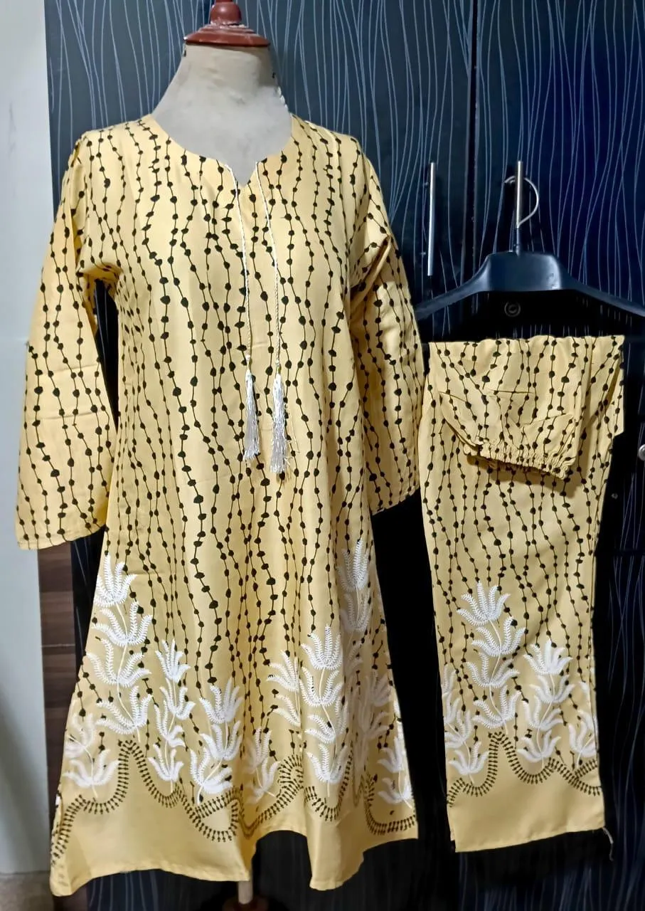 Women Linen Printed Aline Frock & Trouser Set Off White