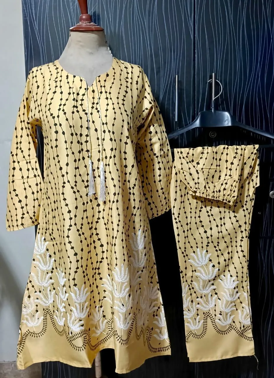 Women Linen Printed Aline Frock & Trouser Set Off White