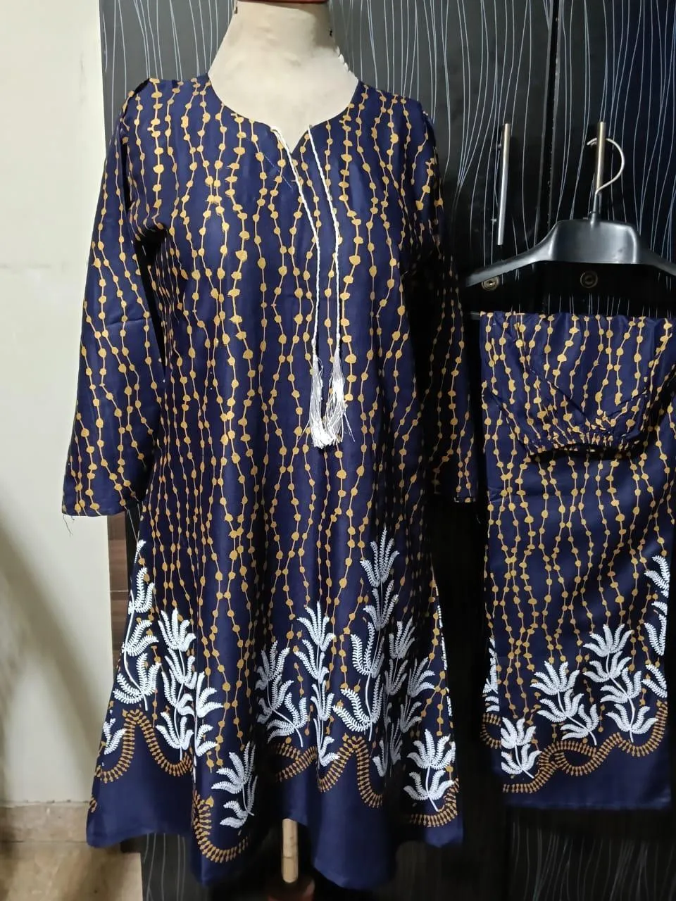 Blue Printed Linen 2-Piece Aline Frock & Trouser Set