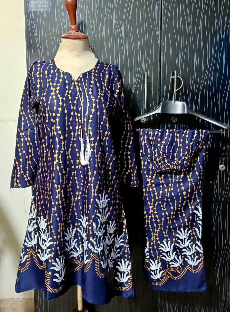 Blue Printed Linen 2-Piece Aline Frock & Trouser Set
