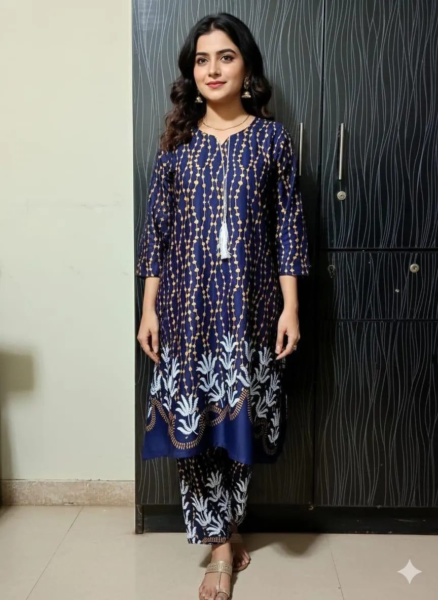 2 Pcs Women's Stitched Linen Printed Aline Frock And Trouser