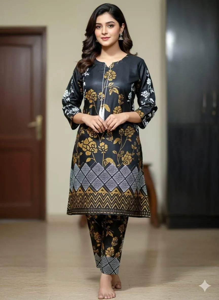 2 Pcs Women's Stitched Linen Block Printed Aline Frock And Trouser