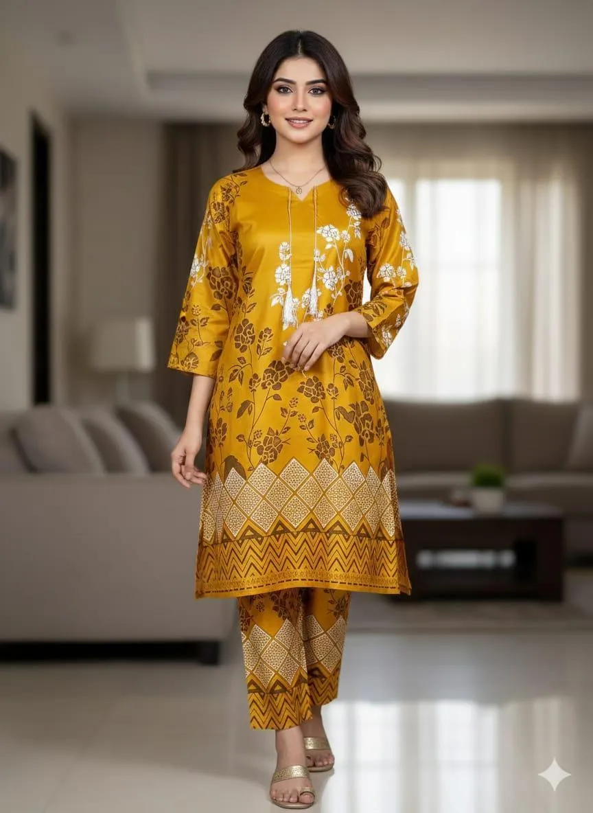 2 Pcs Women's Stitched Linen Block Printed Aline Frock And Trouser