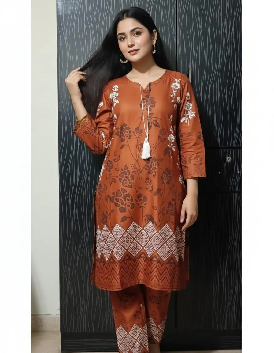 2 Pcs Women's Stitched Linen Block Printed Aline Frock And Trouser