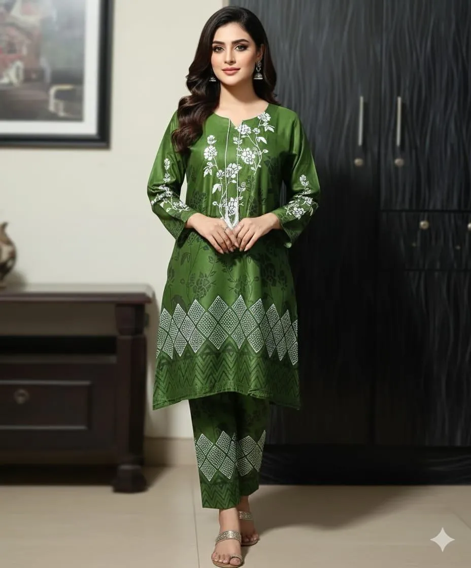 2 Pcs Women's Stitched Linen Block Printed Aline Frock And Trouser