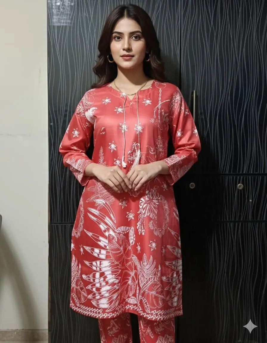 2 Pcs Women's Stitched Linen Block Printed Aline Frock And Trouser