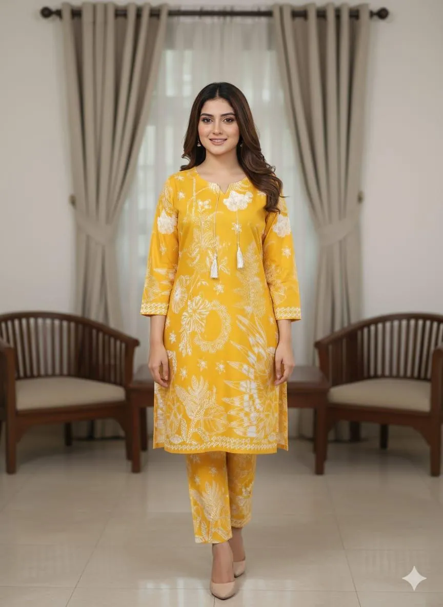 2 Pcs Women's Stitched Linen Block Printed Aline Frock And Trouser