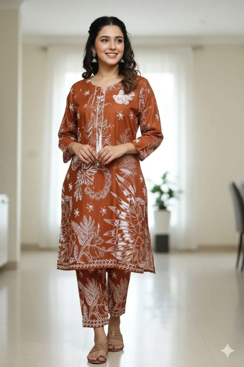 2 Pcs Women's Stitched Linen Block Printed Aline Frock And Trouser