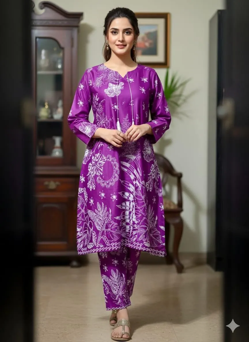 2 Pcs Women's Stitched Linen Block Printed Aline Frock And Trouser