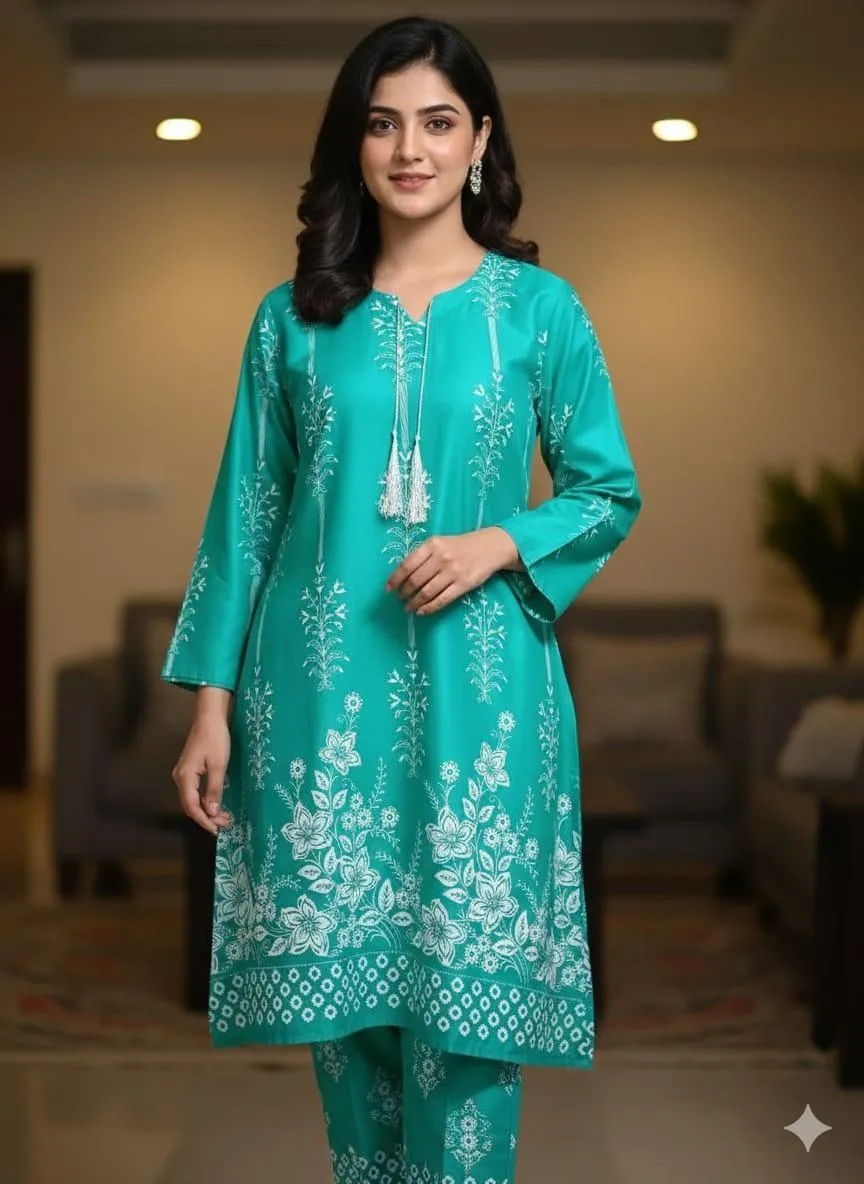 2 Pcs Women's Stitched Linen Block Printed Aline Frock And Trouser