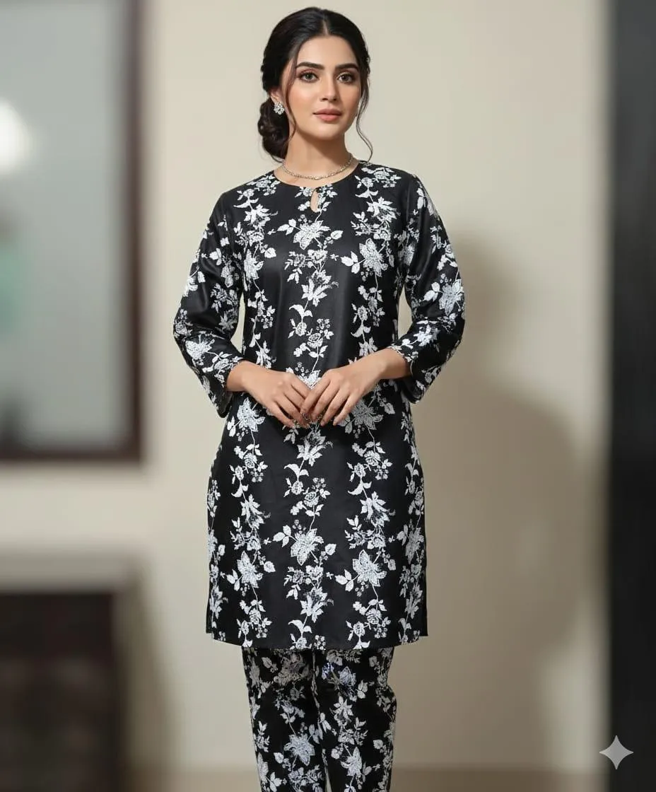 2 Pcs Women's Stitched Linen Block Printed Shirt And Trouser