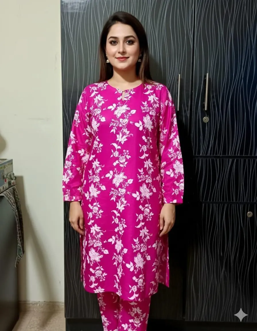 2 Pcs Women's Stitched Linen Block Printed Shirt And Trouser