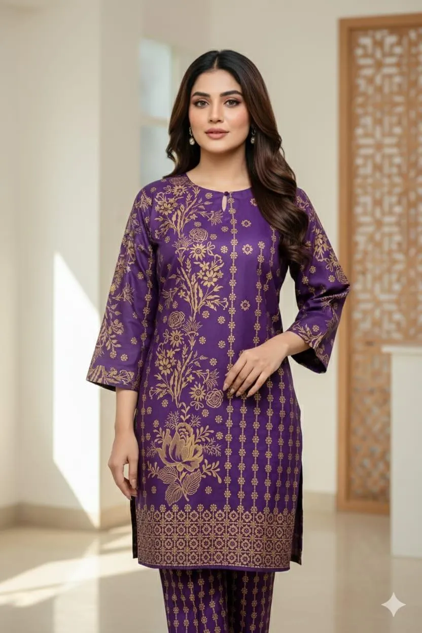 2 Pcs Women's Stitched Linen Block Printed Shirt And Trouser