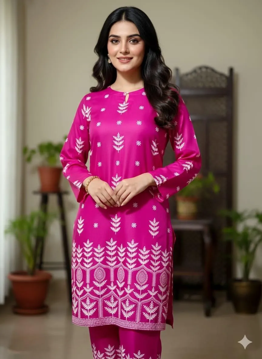 2 Pcs Women's Stitched Linen Block Printed Shirt And Trouser