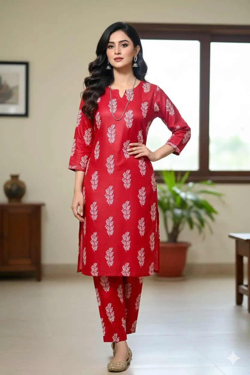 2 Pcs Women's Stitched Linen Block Printed Shirt And Trouser
