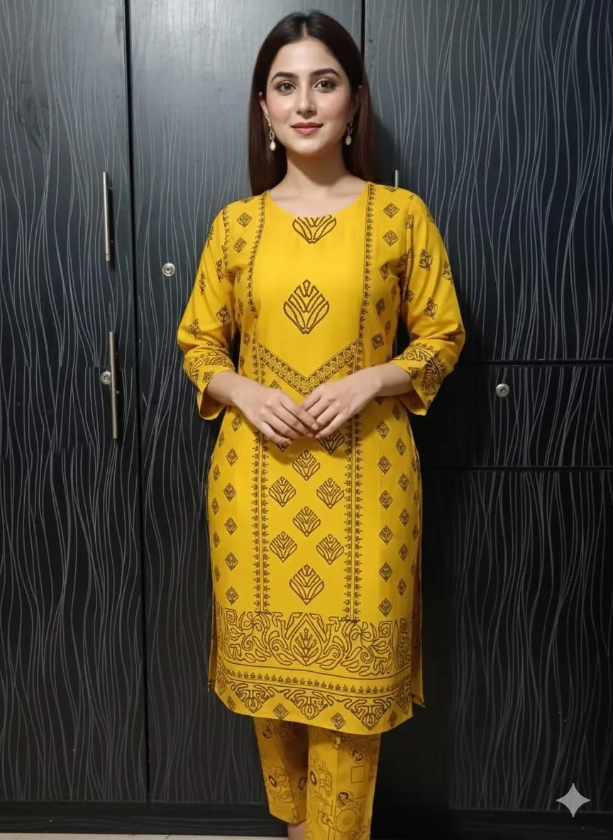 2 Pcs Women's Stitched Linen Block Printed Shirt And Trouser