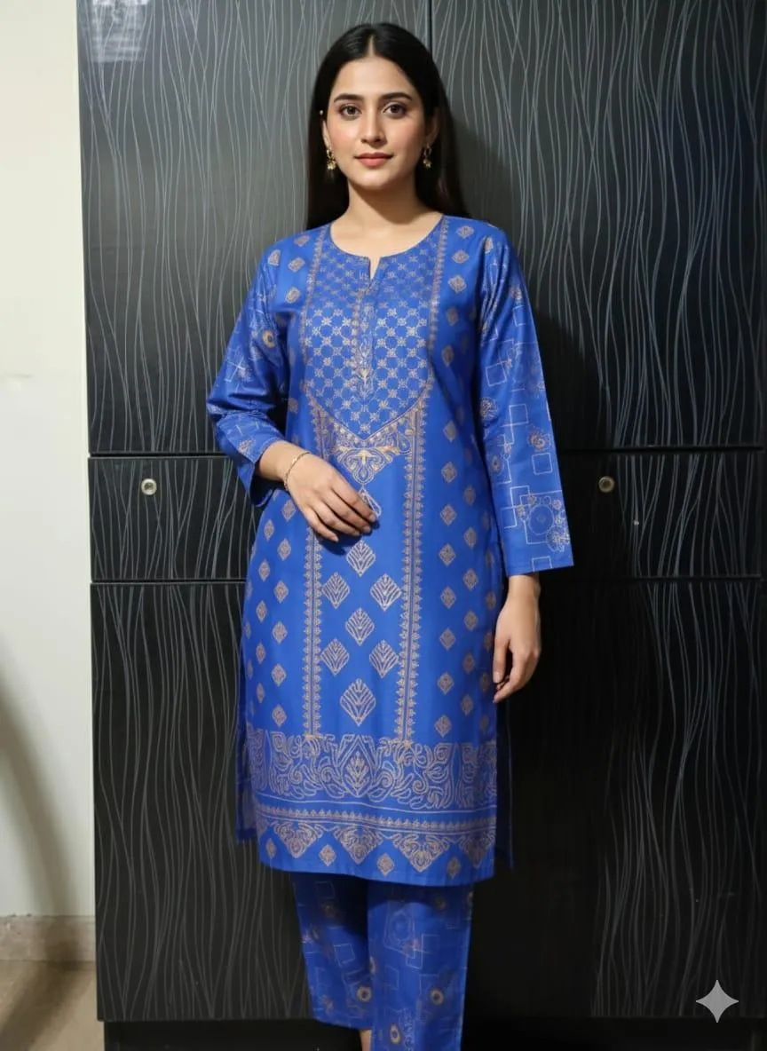 2 Pcs Women's Stitched Linen Block Printed Shirt And Trouser