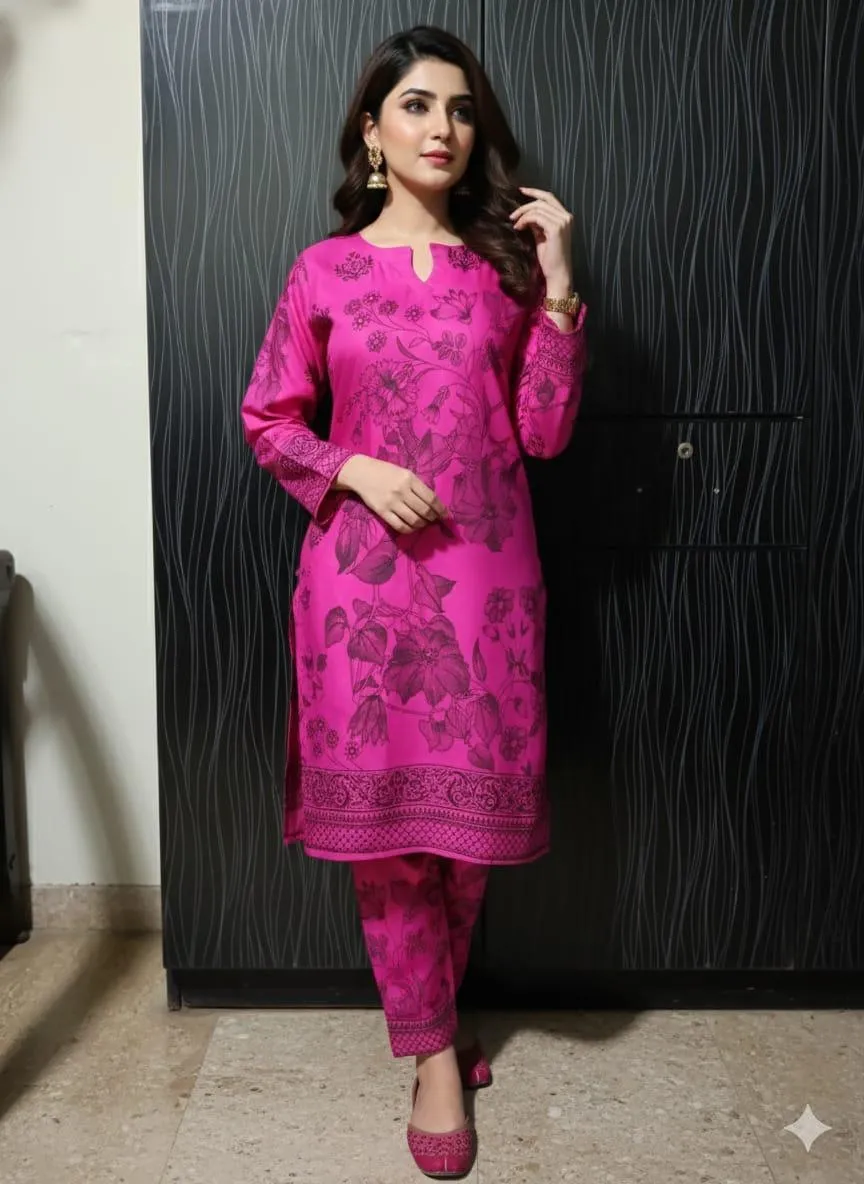 2 Pcs Women's Stitched Linen Block Printed Shirt And Trouser