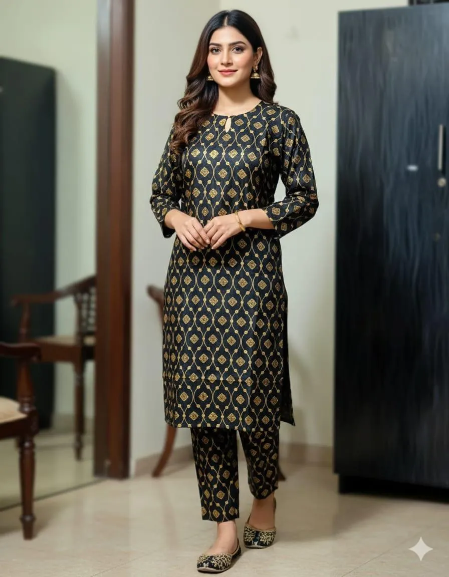 2 Pcs Women's Stitched Linen Block Printed Shirt And Trouser