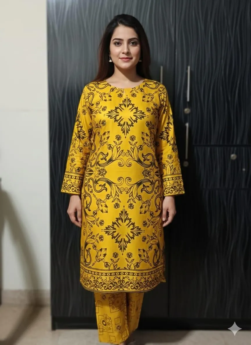 2 Pcs Women's Stitched Linen Block Printed Shirt And Trouser