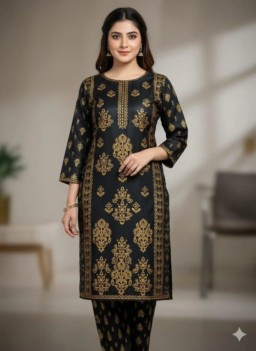 2 Pcs Women's Stitched Linen Block Printed Shirt And Trouser