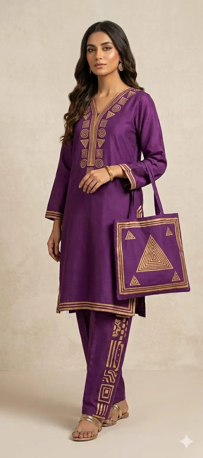 Purple Linen Printed 3Pc Set with Bag