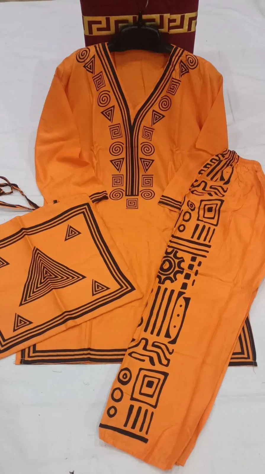 Orange Printed Linen 3Pc Women Set with Bag
