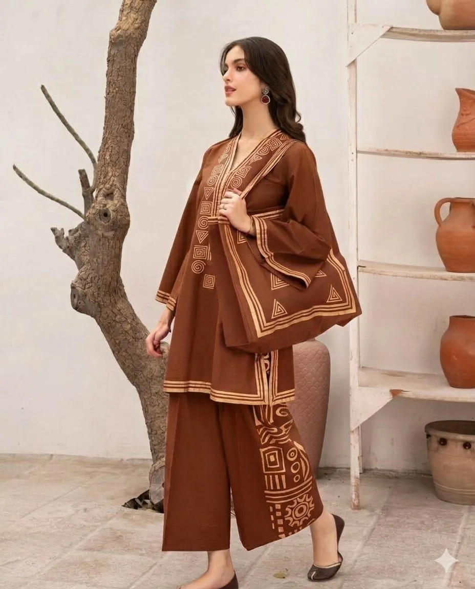 Brown Printed 3-Piece Linen Suit for Women