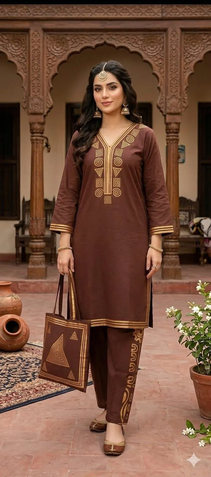 Brown Printed 3-Piece Linen Suit for Women